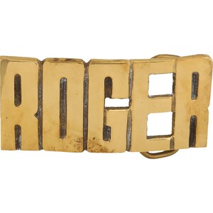 Etiqueta de nombre de Roger Rodger de latón nueva, hebilla de cinturón vintage de los años 70 con letras de burbuja estilo hippie retro, estilo hippie, estilo retro, Hola mi amor