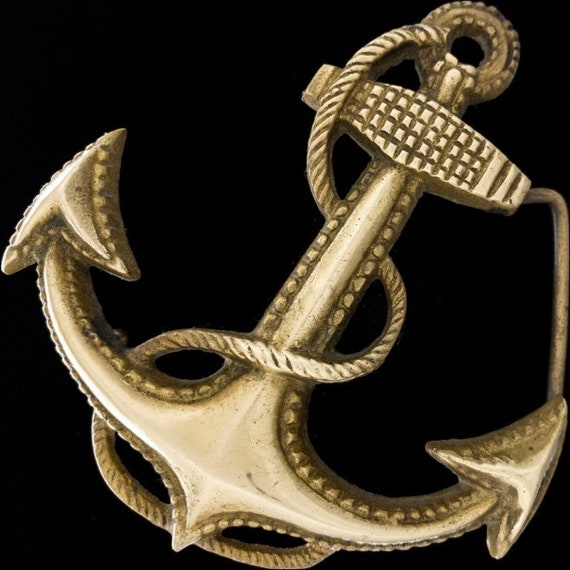 Vintage 1970\'s nautical anchor brass buckle tan woven adjustable Sailor belt USA Vintage 70 main image 4