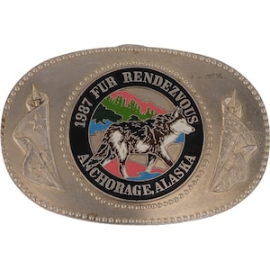 Fur Rendezvous Anchorage Alaska Rondy Trap Trapping 80s Nos Vintage Belt Buckle Trapper Festival Winter Trade Beaver Pelt