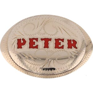 Hebilla de cinturón vintage con monograma y letra inicial personalizada de Peter, nombre de vaquero, hippie, western, retro, años 70, estilo antiguo