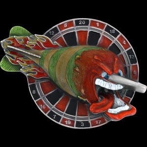 May include: A detailed, colourful dart-themed design. The dart features a red, angry face with a wide open mouth, a silver tip, and flames. The dart is set against a dartboard with numbers.