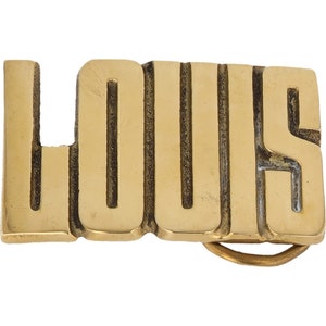 Etiqueta de nombre de Louis Lou Lew Lewis de latón nuevo, hebilla de cinturón vintage de los años 70, estilo hippie, estilo retro, con letras de burbuja, estilo "Hola a todos"