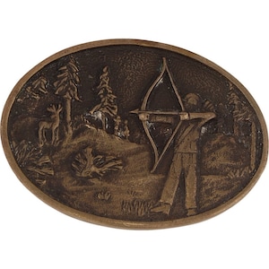 Messing Bogen Jäger Jagd Pfeil Bogenschießen Bogenjagd Elch Hirsch Hirsch 1970s Vintage Gürtelschnalle Recurve Verbindung Pse Whitetail Buck Cowboy Breitkopf