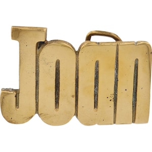 Etiqueta de nombre de Joan Joanne Joanna Joani de latón nuevo, hebilla de cinturón vintage de los años 70 con letras de burbuja estilo hippie retro, barra con texto "Hola, mi hijo"