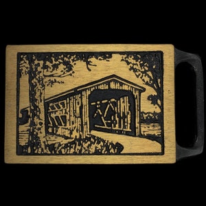 1970s Tech Ether Guild Langley Bridge Covered Bridges Hippie Nos Solid Brass Collectible Memorabilia Vintage Belt Buckle