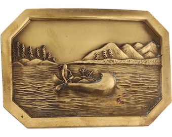 New Brass Canoe Canoeing Lake Fishing River Mountain Co Nos Vintage Belt Buckle Nature Cowgirl Cowboy Colorado Rapid Pine Tree Camp Camping