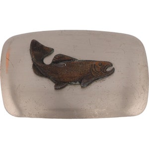 Salmon Fish Fishing Fisherman Sportfishing Coho Sockeye Vintage Belt Buckle Sport Master Angler King Chinook Silver Red Boat Boating