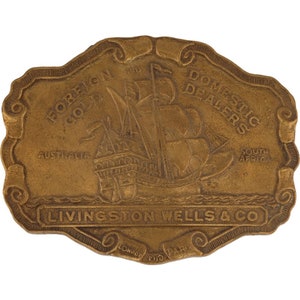 Pegno d&#39;oro commerciante di goletta a vela nave pirata antico anni &#39;80 fibbia per cintura vintage nave pirata clipper Africa Australia gioielli gioielliere