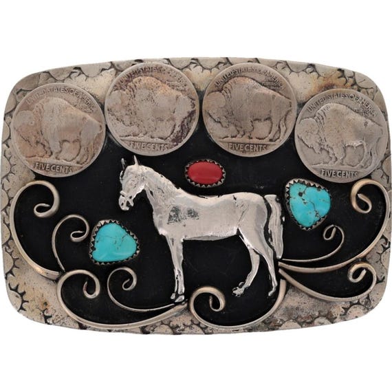 New N Silver Horse Buffalo Nickel Coin Turquoise Coral  display picture 3