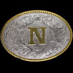 Hebilla de cinturón vintage NOS de los años 90 con inicial de nombre, letra N, Noah, Nathan, Nick, Nicholas, Nathaniel, regalo, vaquero, estilo occidental, floral, plata, oro P