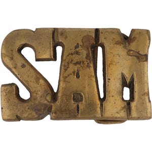 Etiqueta de nombre de latón Sam Samuel Sammy, hebilla de cinturón vintage estilo vaquero occidental de los años 70, estilo hippie, estilo retro, con letras de burbuja y barra "Hola, mi amor".