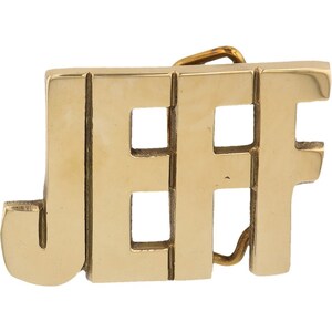 Etiqueta de nombre de Jeff Jeffrey Jeffery Jeffro de latón nuevo, hebilla de cinturón vintage de los años 70 con letras de burbuja retro hippies de Hello My Is