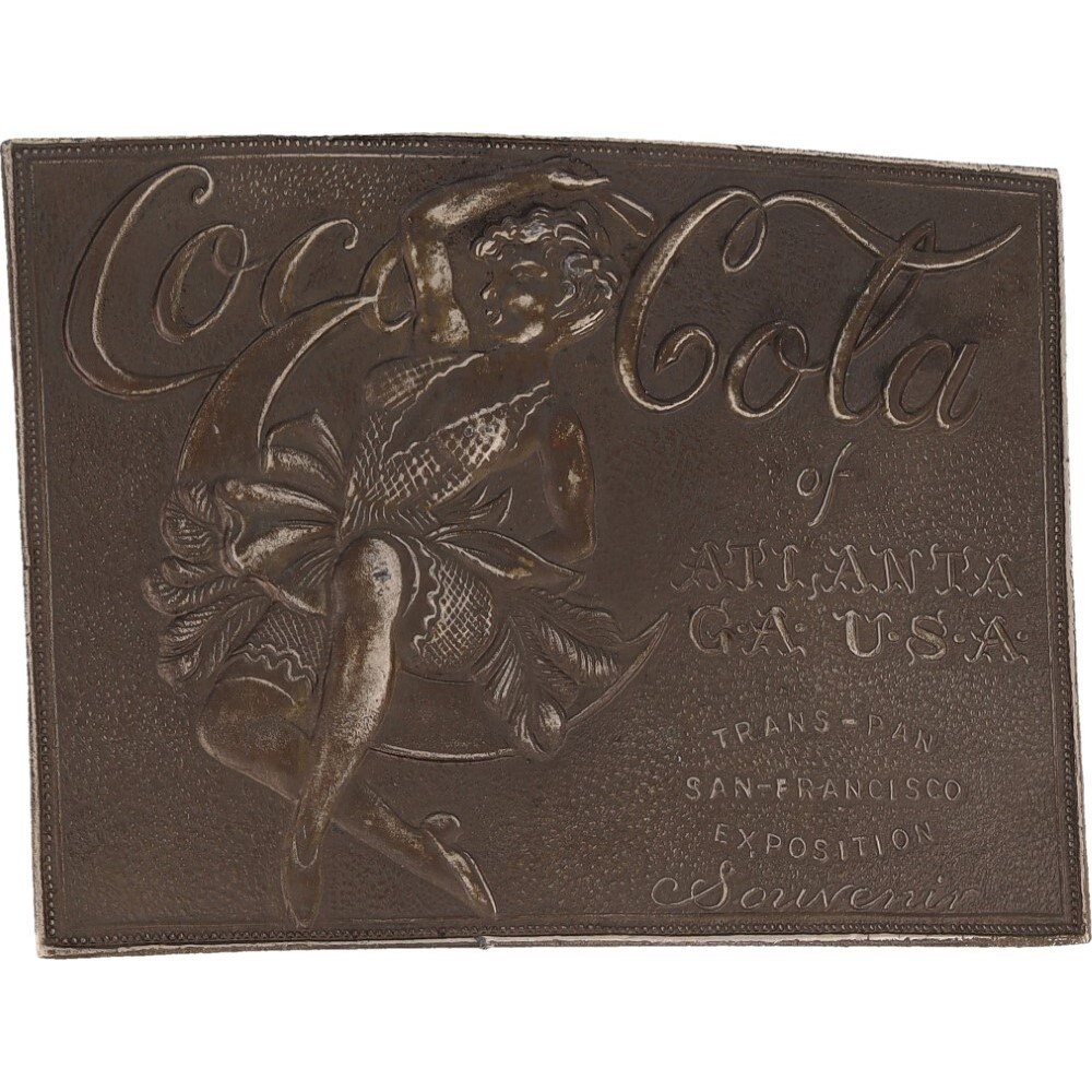 Coca Cola Coke Collectible Soda Sign Ad Fountain Soft Drink Moon Pop 1970s Vintage Belt Buckle 1915 Expo San Francisco Sf Trans-Pan Logo