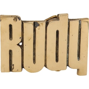 Etiqueta de nombre Rudy Rudolf Rudolph de latón nuevo, hebilla de cinturón vintage de los años 70, estilo hippie, estilo retro, con letras de burbuja y barra "Hola, mi hijo"
