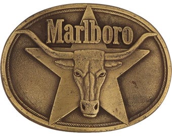 Neue Messing Marlboro Rinder Bulle Longhorn Zigarette Western Cowboy 1980er Jahre Vintage Gürtelschnalle Rancher Tobacciana Tabakraucher Texas Star Mile
