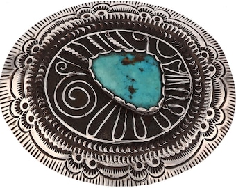 Sterling Silver Turquoise Native American Handmade Sam Begay Navajo Vintage Belt Buckle Stamped Flower Floral Leaves Cowgirl 926