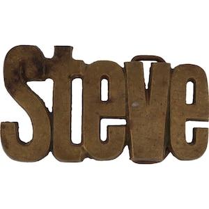 Etiqueta de nombre de Stephen Steve Stevie Steven de latón, hebilla de cinturón estilo hippie vintage de los años 70, barra con letras de burbuja retro hippie, Hola mi Is