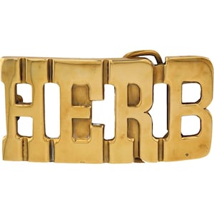 Nueva etiqueta de nombre de latón Herb Herbert Herbie Herbster de los años 70 con hebilla de cinturón vintage con letras de burbuja estilo hippie retro Hola mi Is