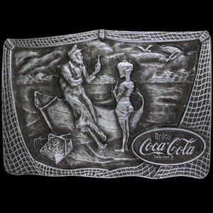 Coca Cola Coke Collectible Drink Soda Fisherman Fishing Boy Art New England Coastal Gift W/ Bottle Opener 1970s NOS Vintage Belt Buckle