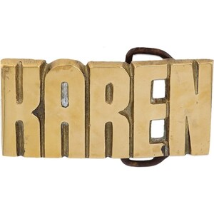 Etiqueta de nombre de latón nuevo Karen Kari Karin Karina, hebilla de cinturón vintage de los años 70, estilo hippie, estilo retro, con letras de burbuja, Hola mi Is
