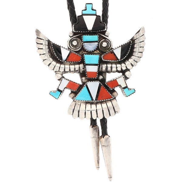 Sterling Silver Turquoise Alonzo Hustito Zuni Knifewing Kachina Bolo Tie Necklace Early Museum Quality Cowgirl Handmade Cowboy Inlaid