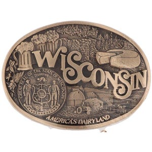 Nowa mosiężna pieczęć stanu Wisconsin Wisconsin Milwaukee Madison Green Bay Nos Vintage Belt Buckle Kenosha Racine Appleton Waukesha Eau Claire Oshkosh