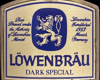 Messing Löwenbräu Bier Löwe Wappen Deutschland Deutsche 1970er Jahre Vintage Gürtelschnalle Importiert Besonderer dunkler Barkeeper Cowboy Hippie Biker Trinker Pub