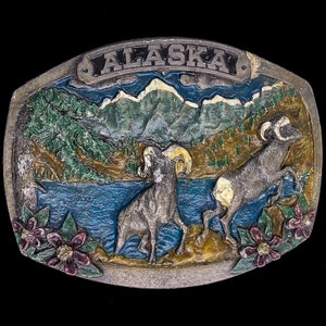 State Alaska Ak Midnight Sun Big Horn Dall Sheep Ram Mountain Goat Hunter Hunting Cowboy Western Travel Western 80s NOS Vintage Belt Buckle