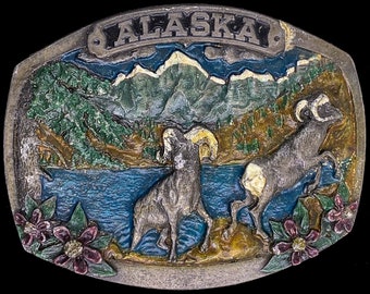 État de l&#39;Alaska, Ak, soleil de minuit, mouflon de Dall, bélier, chèvre de montagne, chasseur, cow-boy, voyage dans l&#39;ouest des années 80, NOS, vintage, boucle de ceinture