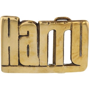 Etiqueta de nombre de latón nuevo Harry Harold Harrington Harrigan, hebilla de cinturón vintage de los años 70 con letras de burbuja estilo hippie retro, barra con texto "Hola, mi hijo"