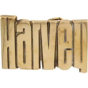 Etiqueta de nombre de latón nuevo Harvey Harv Harvin Harvie, hebilla de cinturón vintage de los años 70 con letras de burbuja estilo hippie retro, barra con texto "Hola, mi hijo"