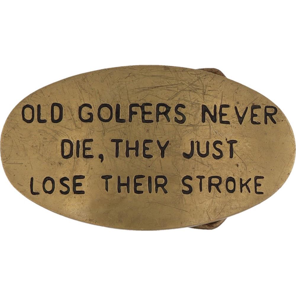 Vintage 70s Brass Belt Buckle Golf Word Art Club Ball Novelty Metal Taiwan Vintage GOLF WORD ART Belt Buckle Brass R.O.C. Golfing Golf  main image 2