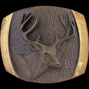 Hebilla de cinturón vintage de bronce, ciervo, alce, ciervo macho, ciervo macho, caza, cazador, estilo occidental, década de 1970, temporada, vaquero, caza, naturaleza, fauna silvestre, deportistas, celo, asta
