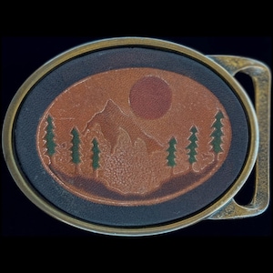 Brass Mountain Sun Tree Hippie Tech Ether Colonial Leather 70s NOS Vintage Belt Buckle Handmade Moon Woods Nature Camp Hiking Rustic Western