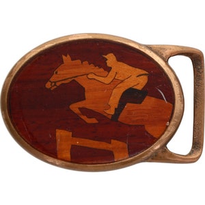 Brass Wood Tech Ether Guild Jockey Horse Fence Hurdle Jumping 1970s Vintage Belt Buckle