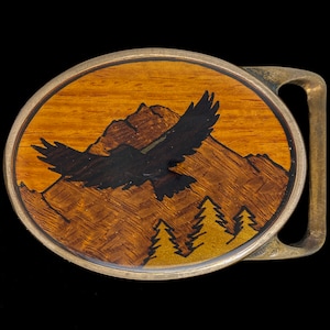 Eagle Bird Tech Ether Guild Von West Inlaid Wood Inlay Hippie Mountain Tree Artwork Art Brass 1970s Vintage Belt Buckle