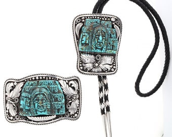 Sterling Silver Carved Turquoise XXL Francisco Gomez Museum 487g Bolo Tie Belt Buckle Set Indian Chief Handmade Cowboy 925 Necklace Floral