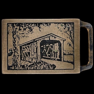 Tech Ether Guild Langley Bridge Covered Bridges Hippie Solid Brass 1970s Vintage Belt Buckle