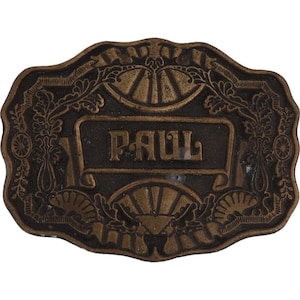 Etiqueta de nombre Paul Paulie Pauly Paulo, hebilla de cinturón vintage estilo vaquero occidental de los años 80, barra con letras de burbuja retro floral