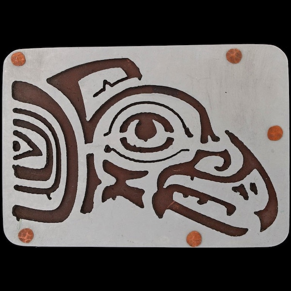 Noordwestelijke Pacifische kust Pnw Haida Masker Totempaal Tribal jaren 1980 Vintage Belt Buckle Eagle Bird Hawk Falcon Native American Hippie Zuidwest