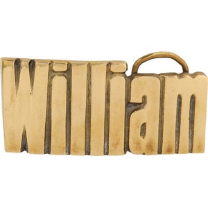 Hebilla de cinturón vintage de latón nuevo William Will Willie Willy Bill Billy con nombre de los años 70 y número 70, estilo hippie retro, con letras de burbuja y barra. Hola, mi Is.