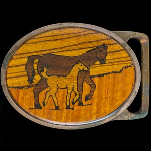 Horse Tech Ether Guild Von West Inlaid Wood Inlay Hippie Western Cowboy Cowgirl Artwork Art Brass 1970s Vintage Belt Buckle