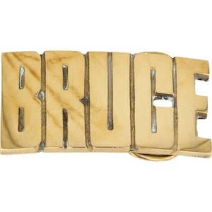 Etiqueta de nombre Bruce Brucie Brucey Brus de latón nuevo, hebilla de cinturón vintage de los años 70, estilo hippie, estilo retro, con letras de burbuja, Hola mi Is
