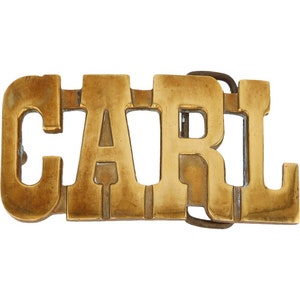 Etiqueta de nombre Carl Carlton de latón nuevo, estilo años 70, estilo vintage, hebilla de cinturón estilo hippie, estilo retro, con letras de burbuja, Hola mi amor