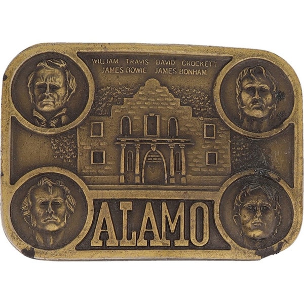 Remember Alamo San Antonio Texas Texan Cowboy Western 1980s Vintage Belt Buckle William Travis David Crockett James Bowie James Bonham