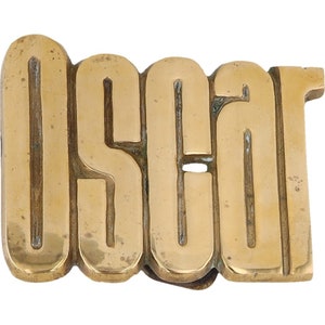 Etiqueta de nombre de Oscar Ozzie Oz Oskie de latón nuevo, hebilla de cinturón vintage de los años 70, estilo hippie, estilo retro, con letras de burbuja y barra "Hola, mi hijo"