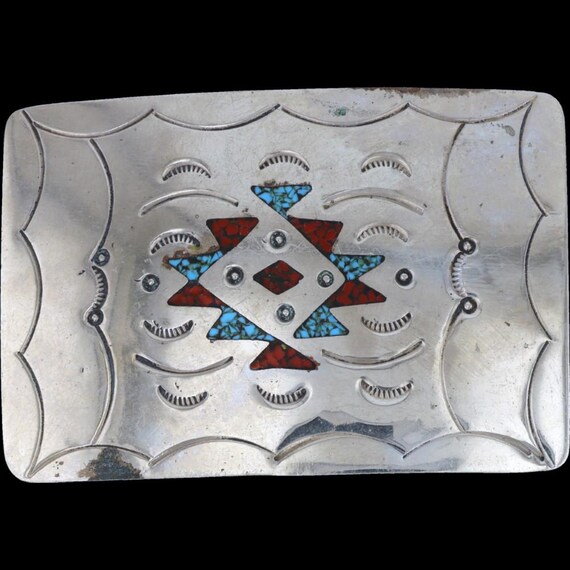 1980s Native American NAVAJO Sterling & Turquoise Blanket Pattern Belt Buckle N Silver Navajo Turquoise Coral Geometric Rug Pattern 1980s  main image 4