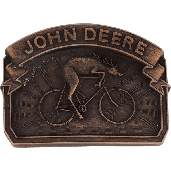 John Deere Deer Riding A Bike Bicycle Western 80s Nos Vintage Belt Buckle Tractor Farming Equipment Waterloo Boy Kerosene Foundry Iowa