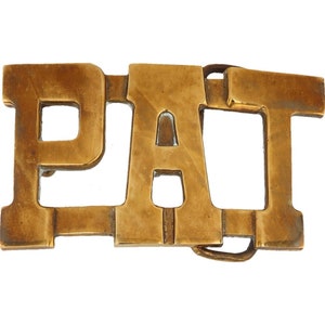 Etiqueta de nombre de latón nuevo Pat Patrick Patricia Patsy, hebilla de cinturón vintage de los años 70, estilo hippie, estilo retro, con letras de burbuja, de Hello My Is