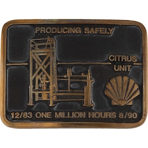 Brass Shell Citrus Unit Oil Refinery Oilfield Gas Station Nos Vintage Belt Buckle Distribution Energy Network Processing Rig Platform